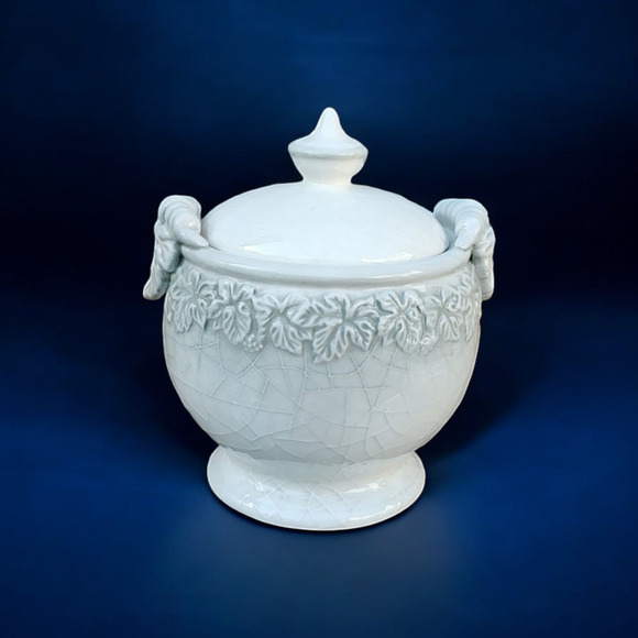 Fall Leaf Embossed Porcelain Crackle Glaze Small Covered Dish Storage Vanity Jar - Picture 3 of 10